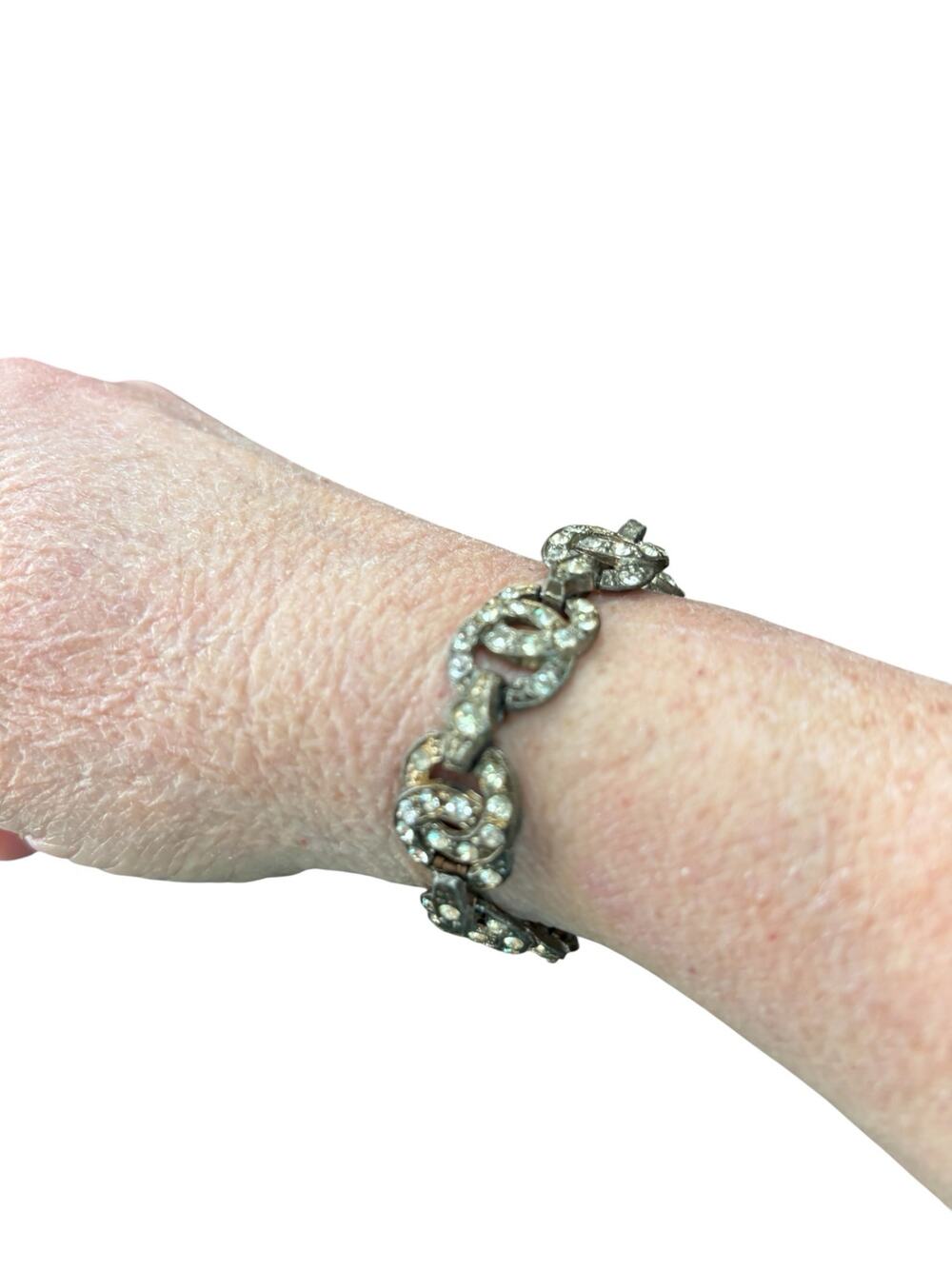 Vintage Rhinestone Link Bracelet 7” – Antique Style Dark Patina Art Deco Look
